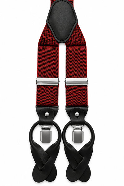 Traditional Stretch Fit Convertible Suspender in Red & Black Herringbone