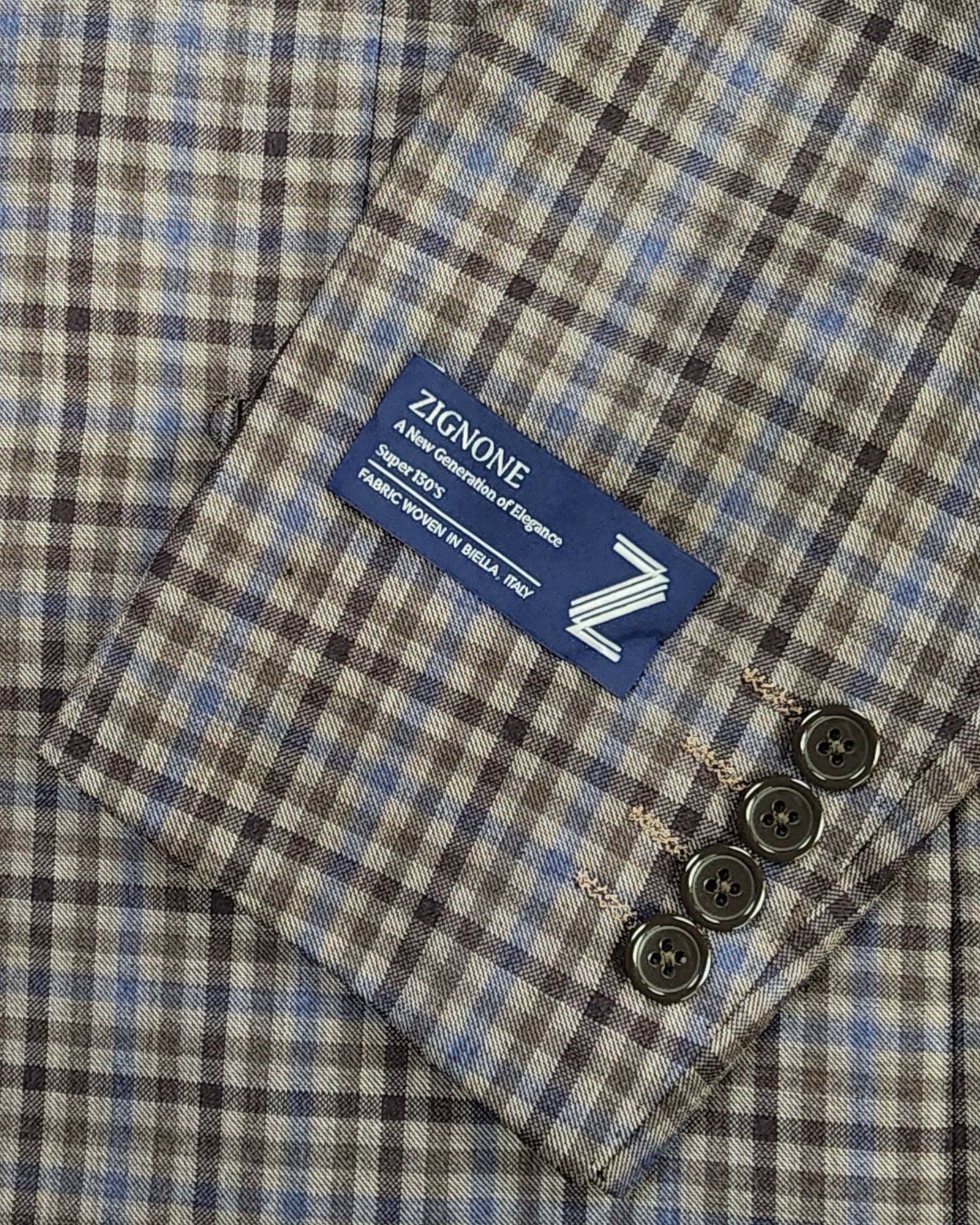 Zignone Woven In Italy Sport Coat In Taupe Brown & Blue Check