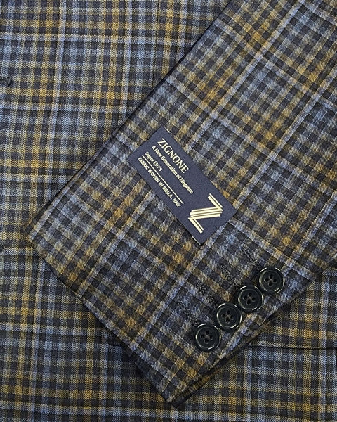 Zignone Woven In Italy Sport Coat In Blue & Camel Check