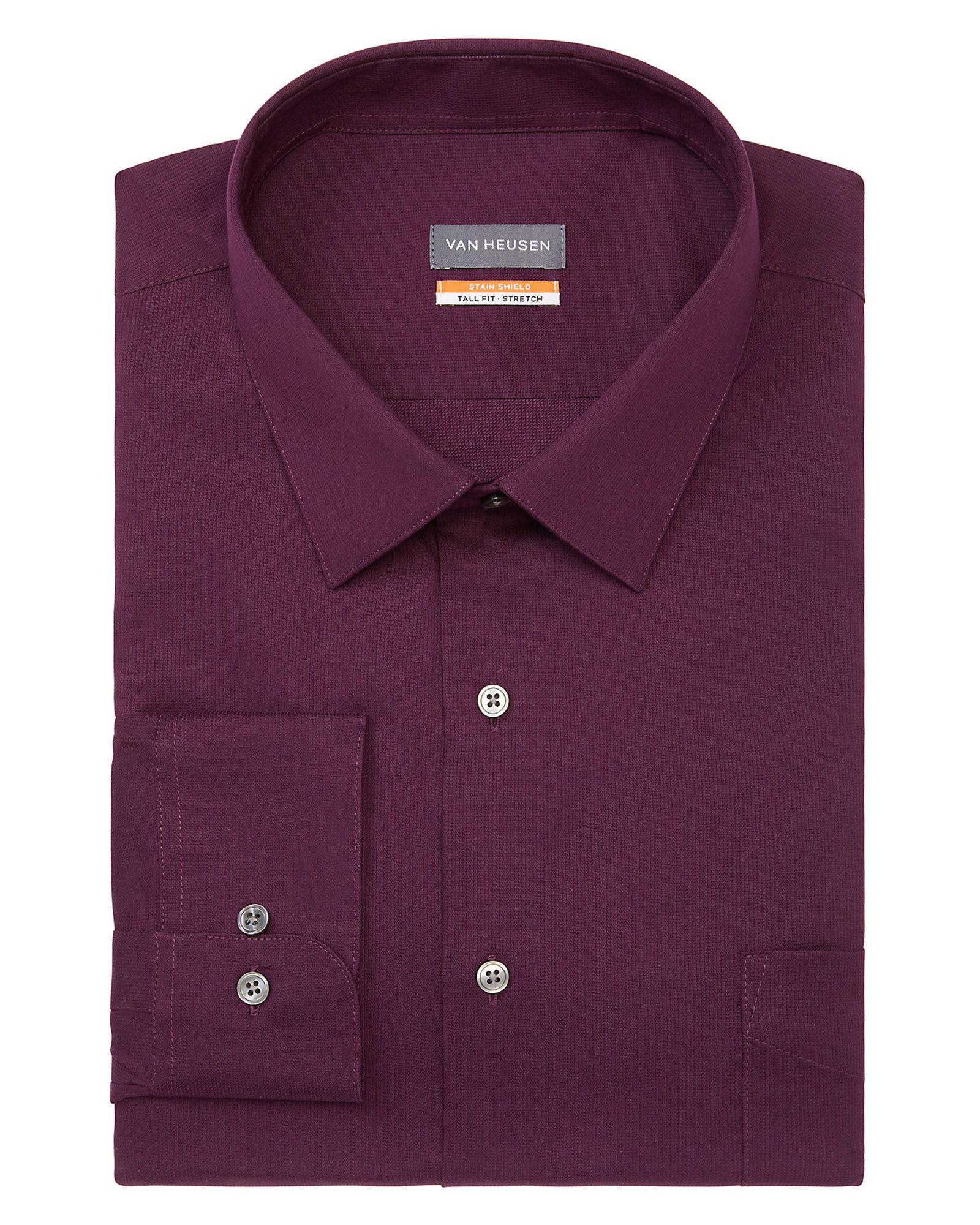 Van Heusen Big & Tall Fit Stain Shield Stretch Solid Dress Shirt In Mulberry | Rainwater's Van Heusen Big & Tall Fit Stain Shield Stretch Solid Dress Shirt In Mulberry | Rainwater's