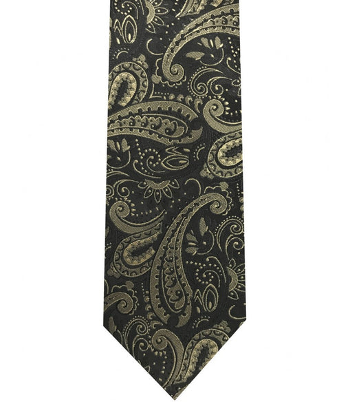 Narrow Tie & Pocket Square In Black & Gold Paisley - Rainwater's Men's Clothing and Tuxedo Rental