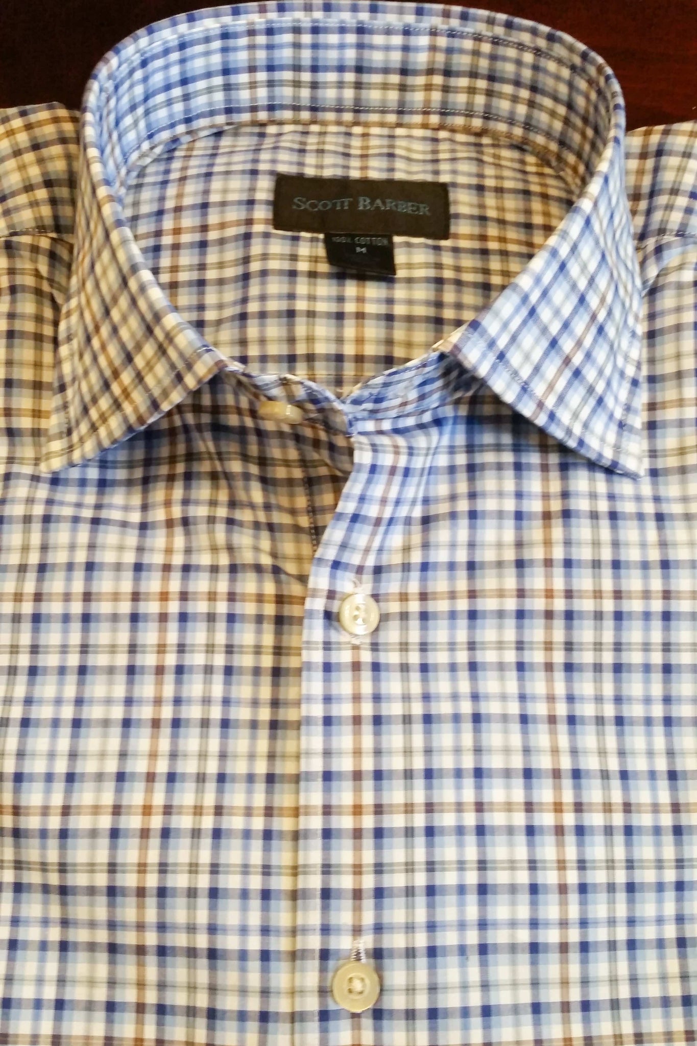 White with Blue & Khaki Plaid Spread Collar Shirt by Scott Barber - Rainwater's Men's Clothing and Tuxedo Rental