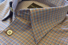 White, Blue And Tobacco Mini Check Twill Hidden Button-down Collar by Dean Rainwater - Rainwater's Men's Clothing and Tuxedo Rental