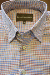 White, Blue And Tobacco Mini Check Twill Hidden Button-down Collar by Dean Rainwater - Rainwater's Men's Clothing and Tuxedo Rental