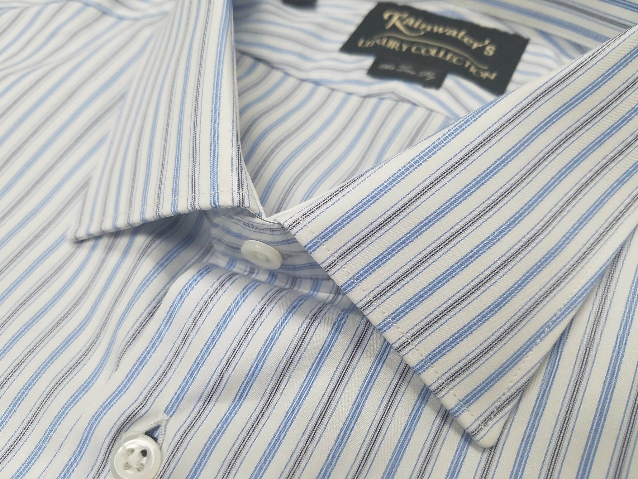 Rainwater's Luxury Collection White with Blue and Grey Stripe Dress Shirt - Rainwater's Men's Clothing and Tuxedo Rental