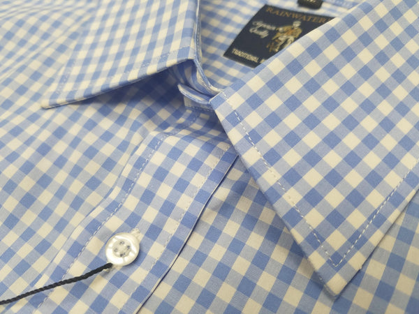 Rainwater's 100% Cotton Light Blue Gingham Check Mitered Cuff Dress Shirt - Rainwater's Men's Clothing and Tuxedo Rental