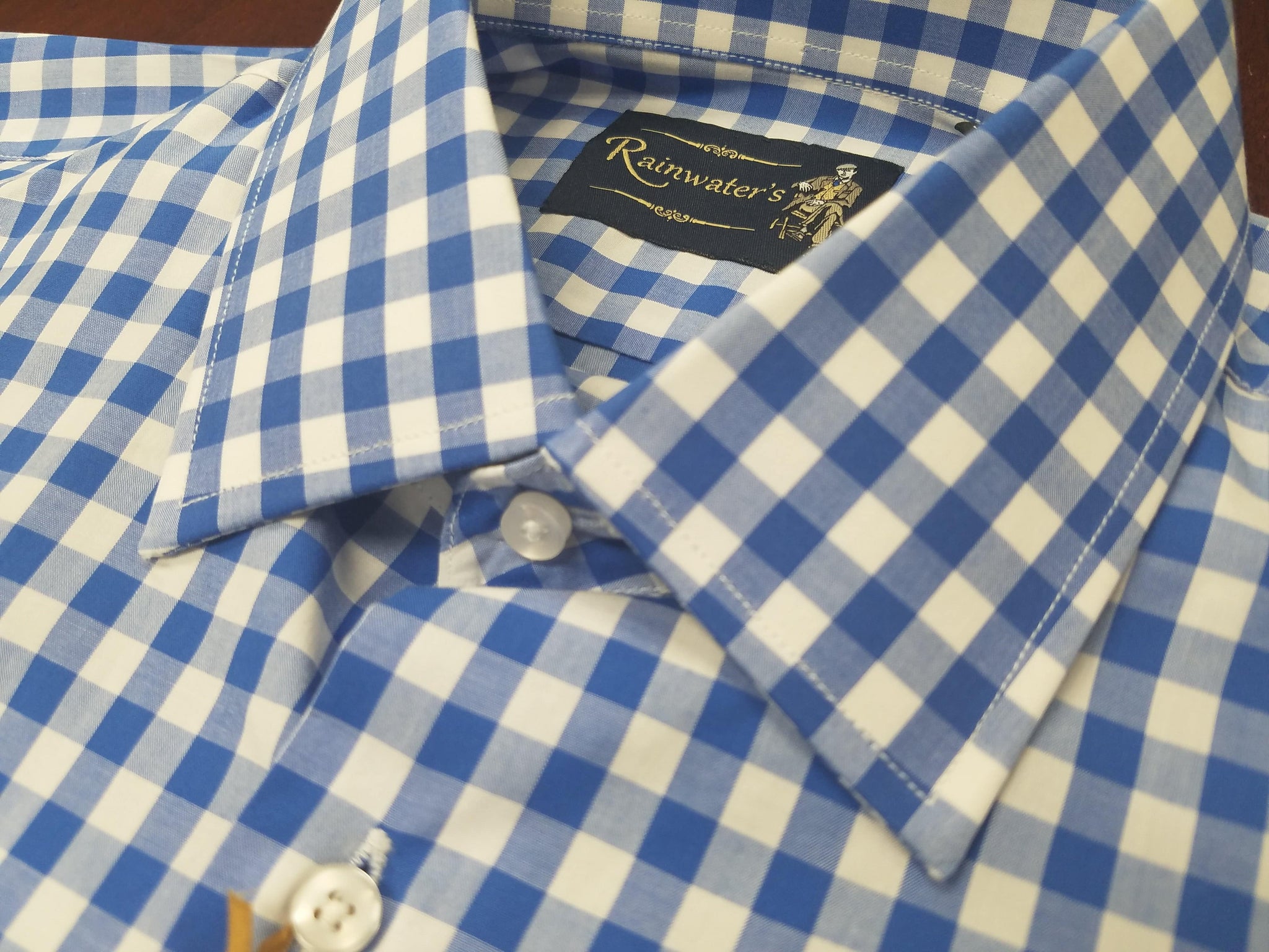 Rainwater's 100% Cotton Mitered Cuff Blue Gingham Dress Shirt - Rainwater's Men's Clothing and Tuxedo Rental