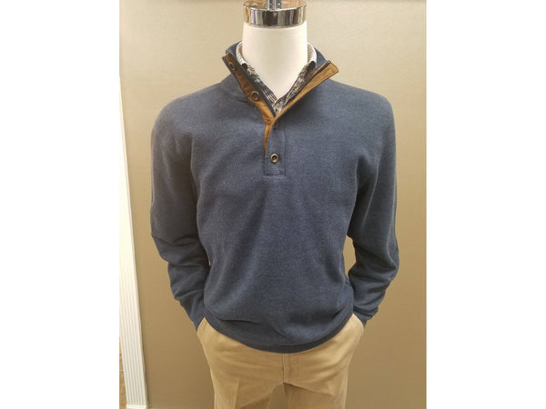 1/4 Zip With Buttons Brushed Elbow Patch Pullover Knit in Denim Blue - Rainwater's Men's Clothing and Tuxedo Rental
