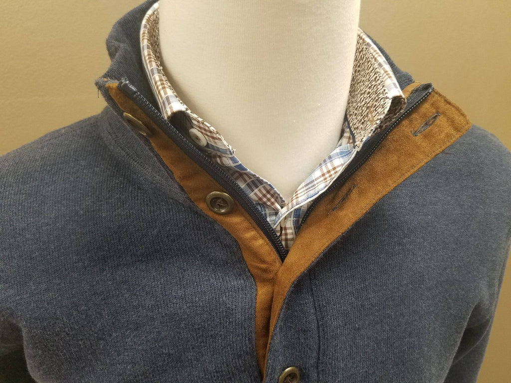 1/4 Zip With Buttons Brushed Elbow Patch Pullover Knit in Denim Blue