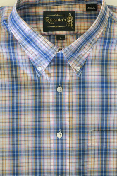 Blue & Pink Plaid with Man in Chair Logo Button Down Wrinkle Free Sport Shirt by Rainwater's - Rainwater's Men's Clothing and Tuxedo Rental