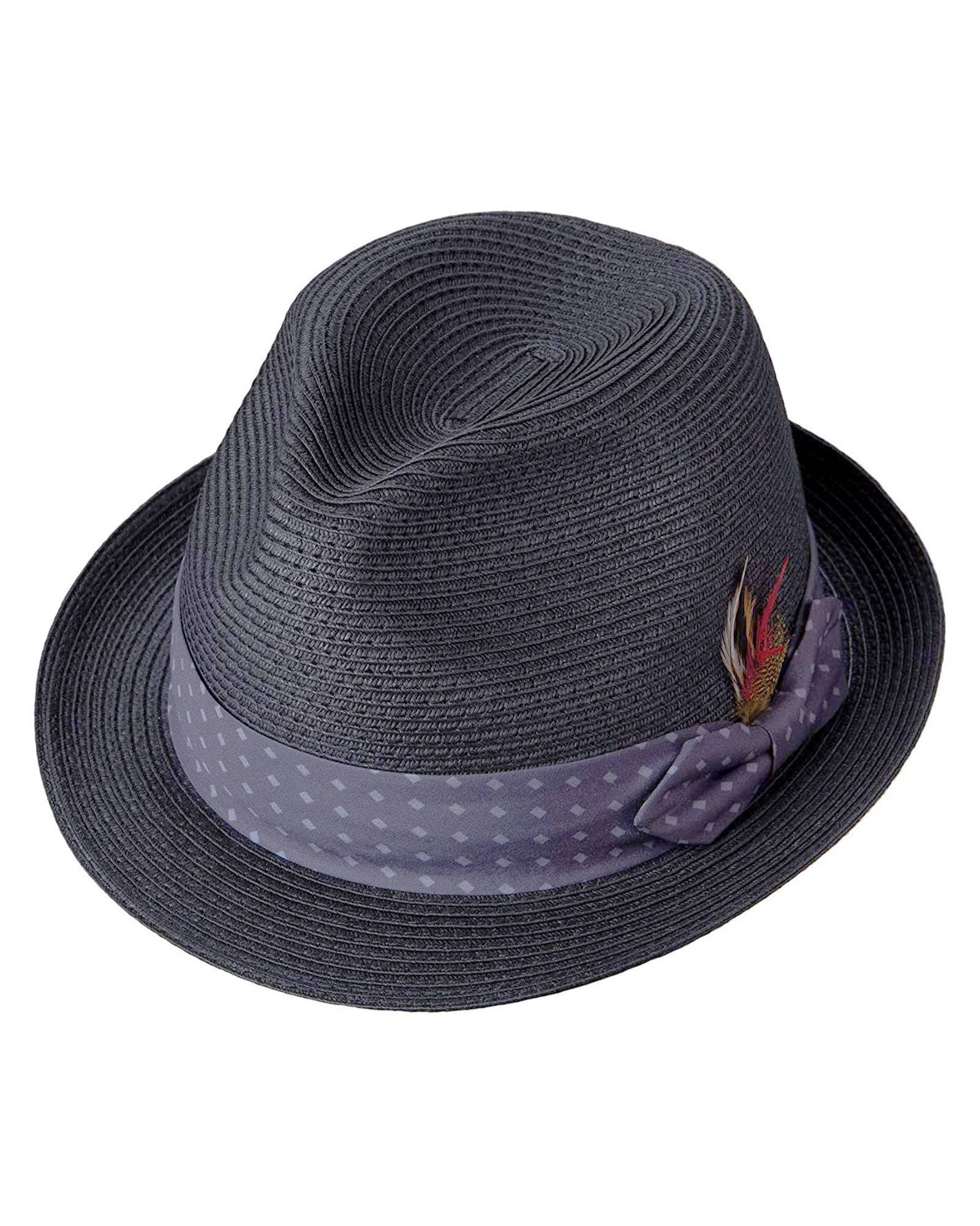 Broner Mens Connoisseur Pinch Front Straw Fedora with Contrast Color Dotted Band In Blue Grey - Rainwater's Men's Clothing and Tuxedo Rental