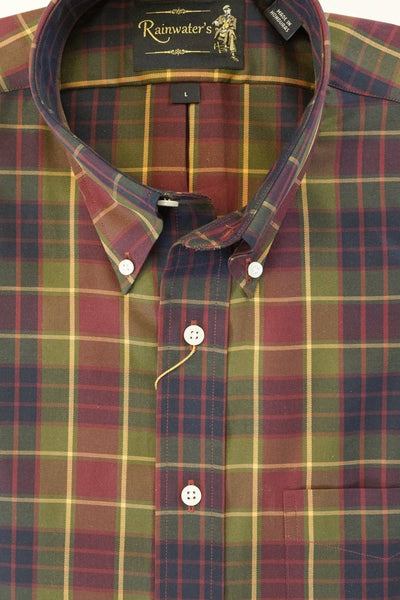 Burgundy Navy & Gold Plaid Wrinkle Free Button Down Sport Shirt by Rainwater's - Rainwater's Men's Clothing and Tuxedo Rental