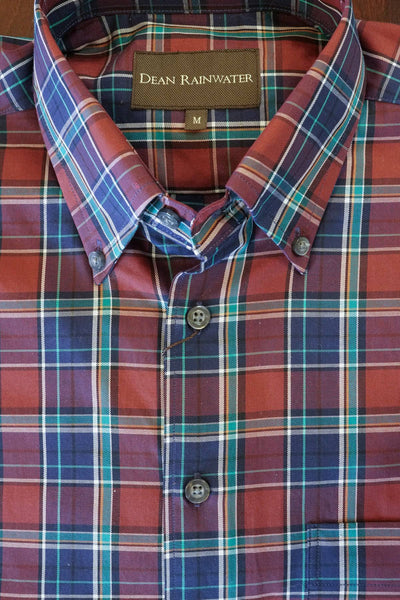 Burgundy, Navy with Teal Plaid Cotton Button-down by Dean Rainwater - Rainwater's Men's Clothing and Tuxedo Rental
