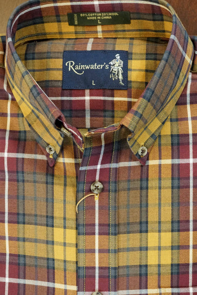 Burgundy and Gold Plaid Button Down in Cotton & Wool by Rainwater's - Rainwater's Men's Clothing and Tuxedo Rental