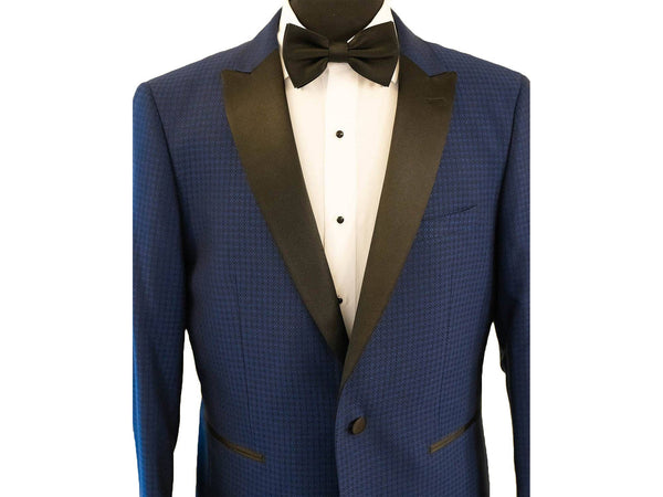 Cobalt Blue Diamond Texture With Black Peak Lapel Dinner Jacket Tuxedo Rental - Rainwater's Men's Clothing and Tuxedo Rental