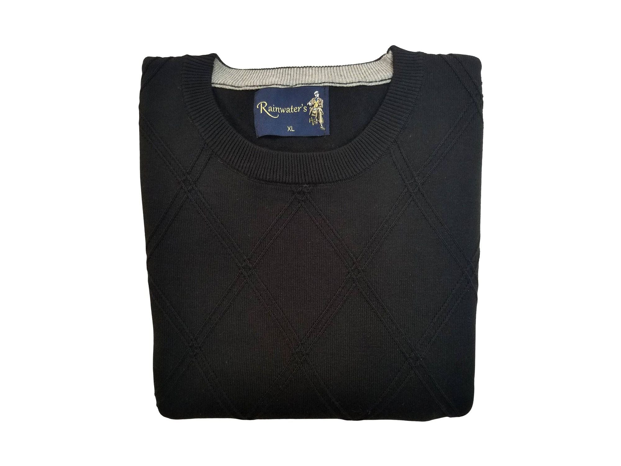Crew Neck Sweater in Black Diamond Weave Cotton Blend - Rainwater's Men's Clothing and Tuxedo Rental