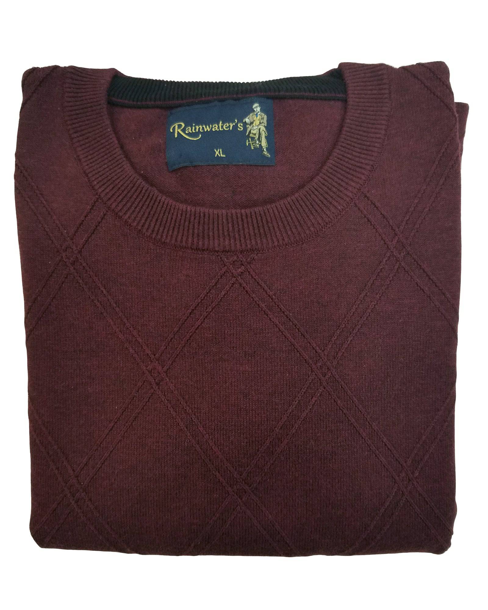 Crew Neck Sweater in Deep Burgundy Diamond Weave Cotton Blend - Rainwater's Men's Clothing and Tuxedo Rental