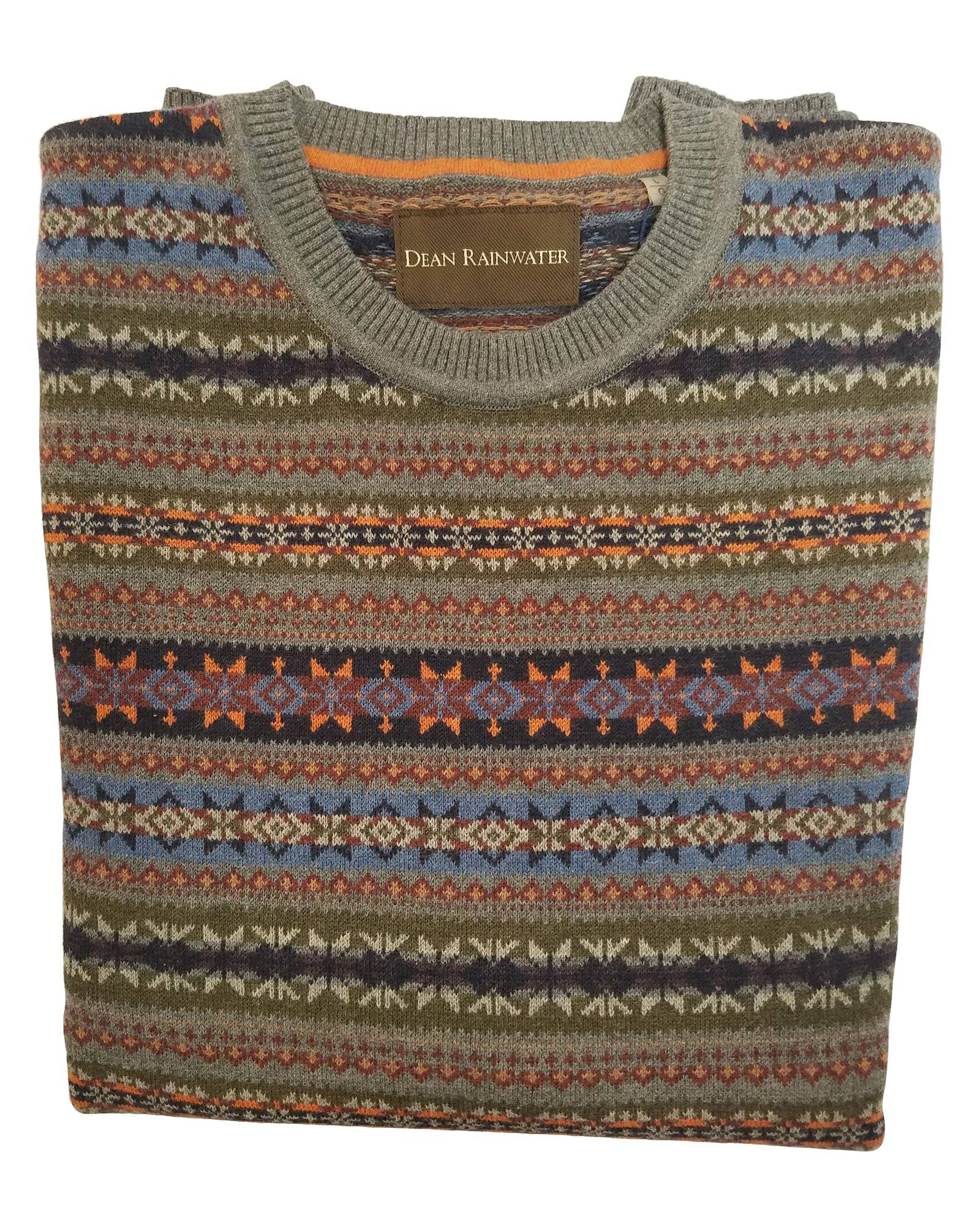 Crew Neck Sweater in Grey Fair Isles Pattern Cotton Blend - Rainwater's Men's Clothing and Tuxedo Rental
