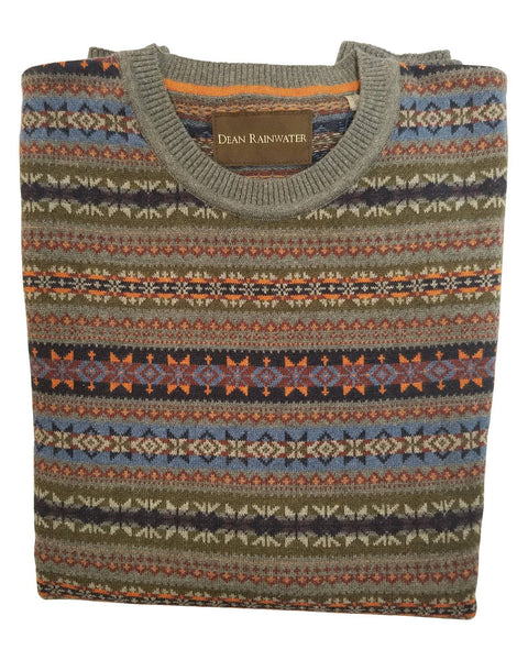 Crew Neck Sweater in Grey Fair Isles Pattern Cotton Blend - Rainwater's Men's Clothing and Tuxedo Rental