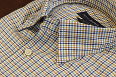 Camel and Blue Multi Check Hidden Button Down Sport Shirt by Scott Barber - Rainwater's Men's Clothing and Tuxedo Rental