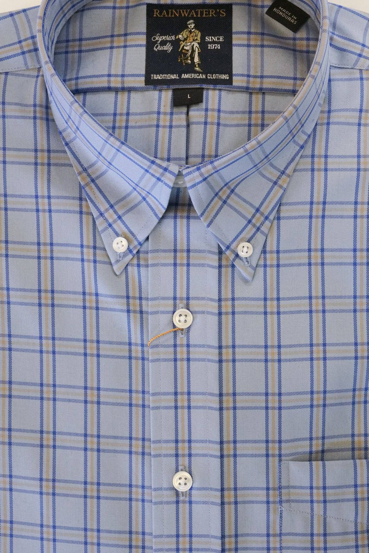 Blue With Navy & Gold Windowpane Button Down Wrinkle Free Sport Shirt by Rainwater's - Rainwater's Men's Clothing and Tuxedo Rental