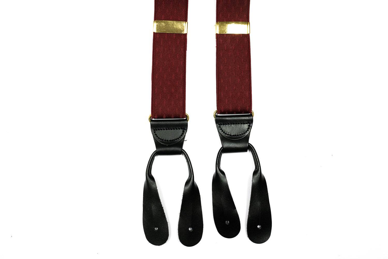 Burgundy Diamond Texture Button In Leather Tab Braces Suspenders - Rainwater's Men's Clothing and Tuxedo Rental