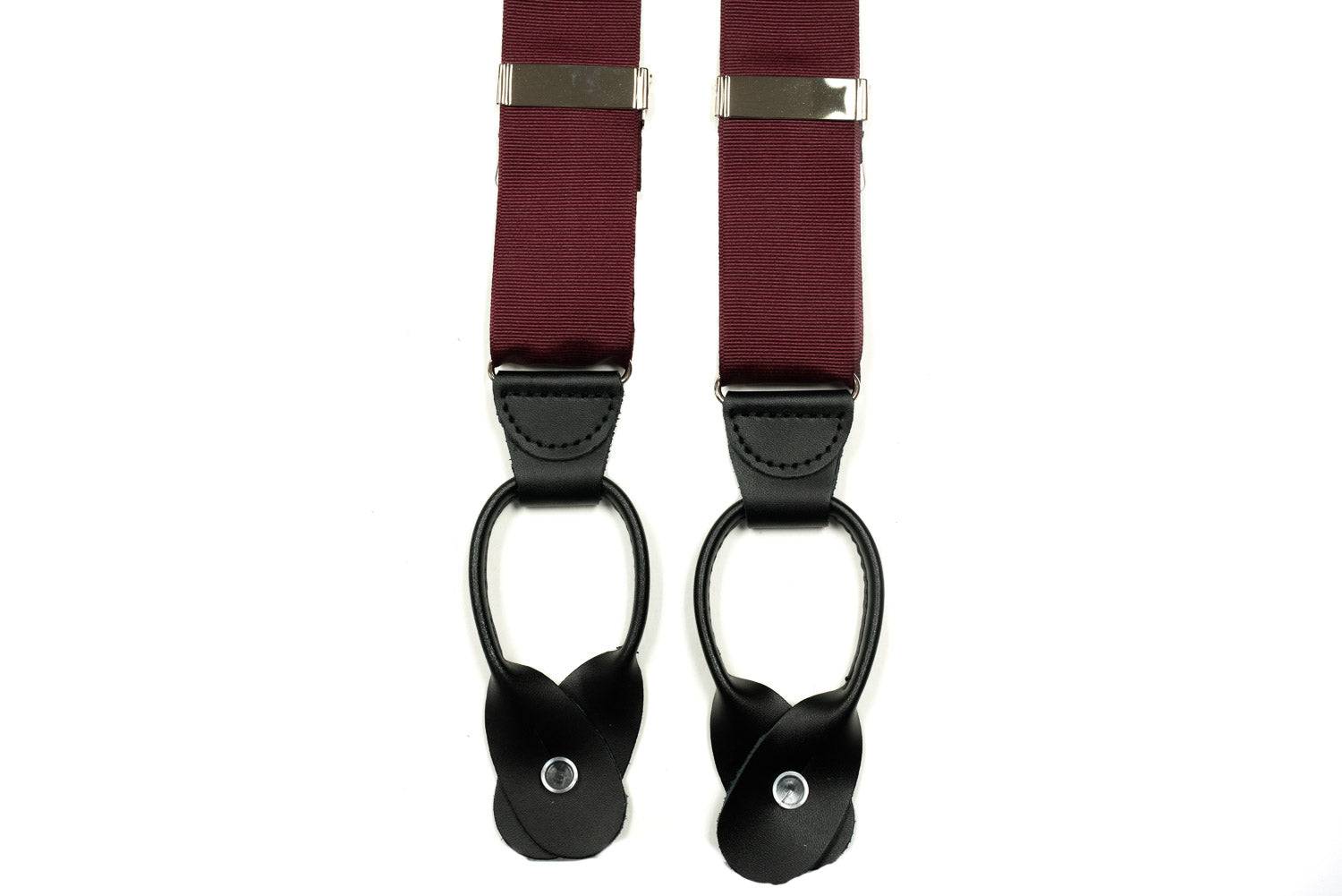 Burgundy Grosgrain Button In Leather Tab Braces Suspenders - Rainwater's Men's Clothing and Tuxedo Rental