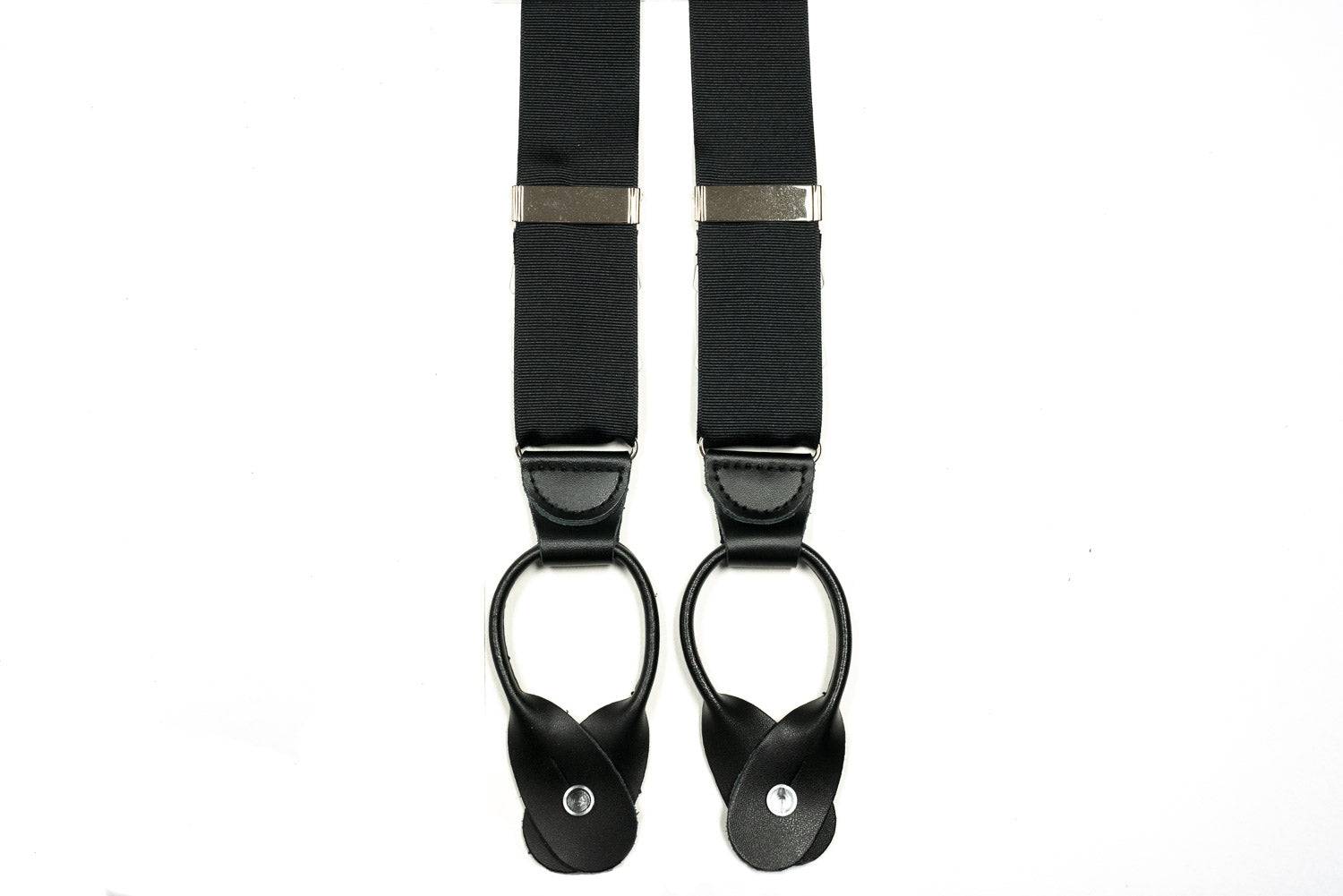 Suspenders With Grosgrain Fabric And Button In Leather Tab Braces In Black - Rainwater's Men's Clothing and Tuxedo Rental