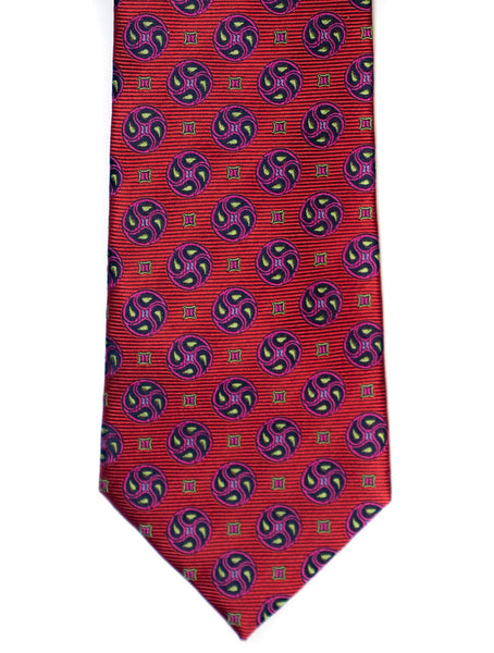 Silk Tie In Red With Navy Foulard & Circle Print - Rainwater's Men's Clothing and Tuxedo Rental