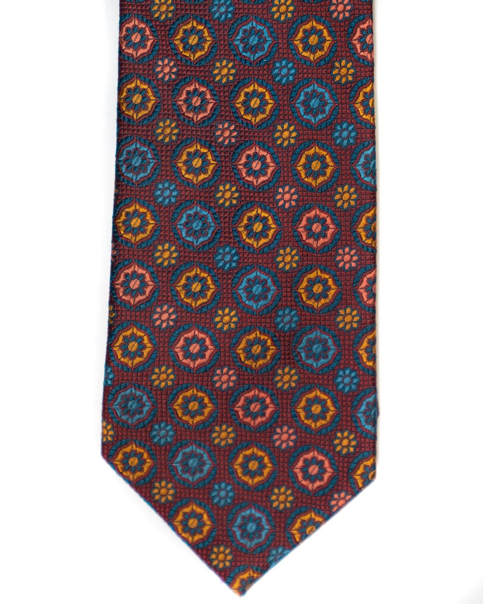 Silk Tie In Burgundy With Blue & Gold Foulard Print - Rainwater's Men's Clothing and Tuxedo Rental