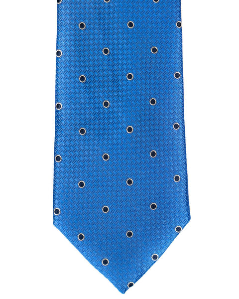 Silk Tie In Blue With Navy Dot Foulard Print - Rainwater's Men's Clothing and Tuxedo Rental