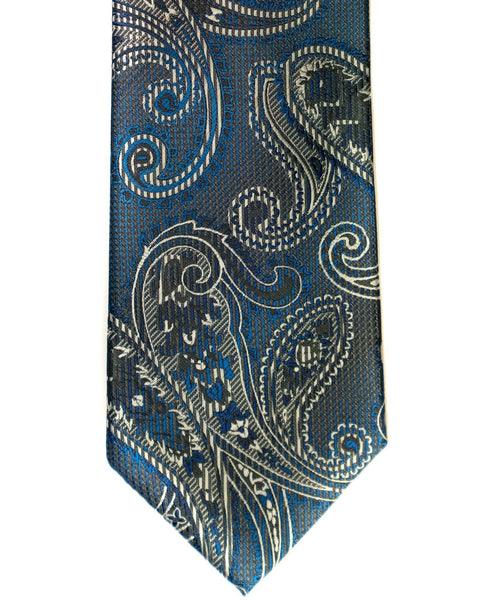Venturi Uomo Paisley Tiny Check Tie in French Blue with Grey - Rainwater's Men's Clothing and Tuxedo Rental