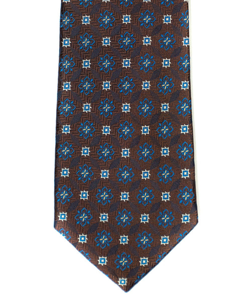 Silk Tie In Dark Brown With Blue Foulard Print - Rainwater's Men's Clothing and Tuxedo Rental