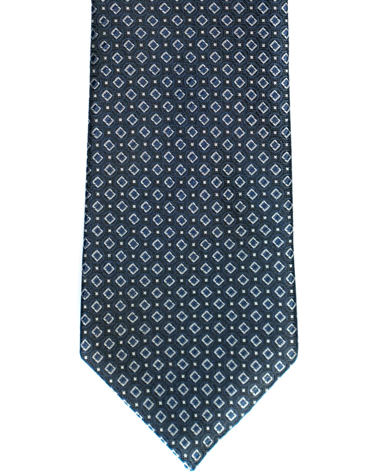 Silk Tie In Navy With Grey Neat Foulard Print - Rainwater's Men's Clothing and Tuxedo Rental