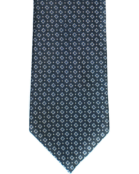 Silk Tie In Navy With Grey Neat Foulard Print - Rainwater's Men's Clothing and Tuxedo Rental