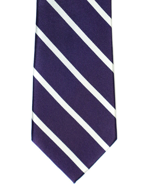 Silk Tie In Purple With White Bar Stripes - Rainwater's Men's Clothing and Tuxedo Rental