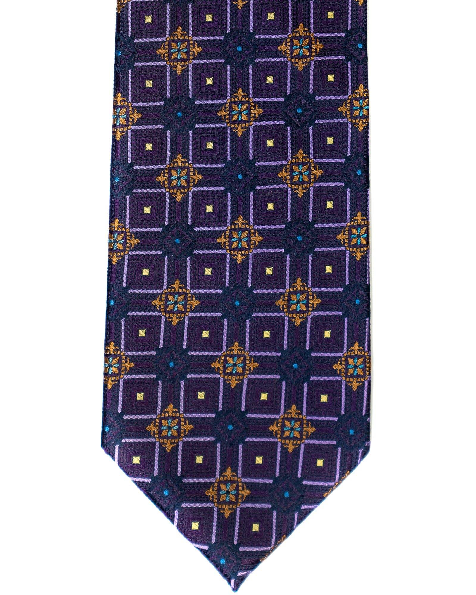 Silk Tie In Purple With Gold Foulard Print - Rainwater's Men's Clothing and Tuxedo Rental