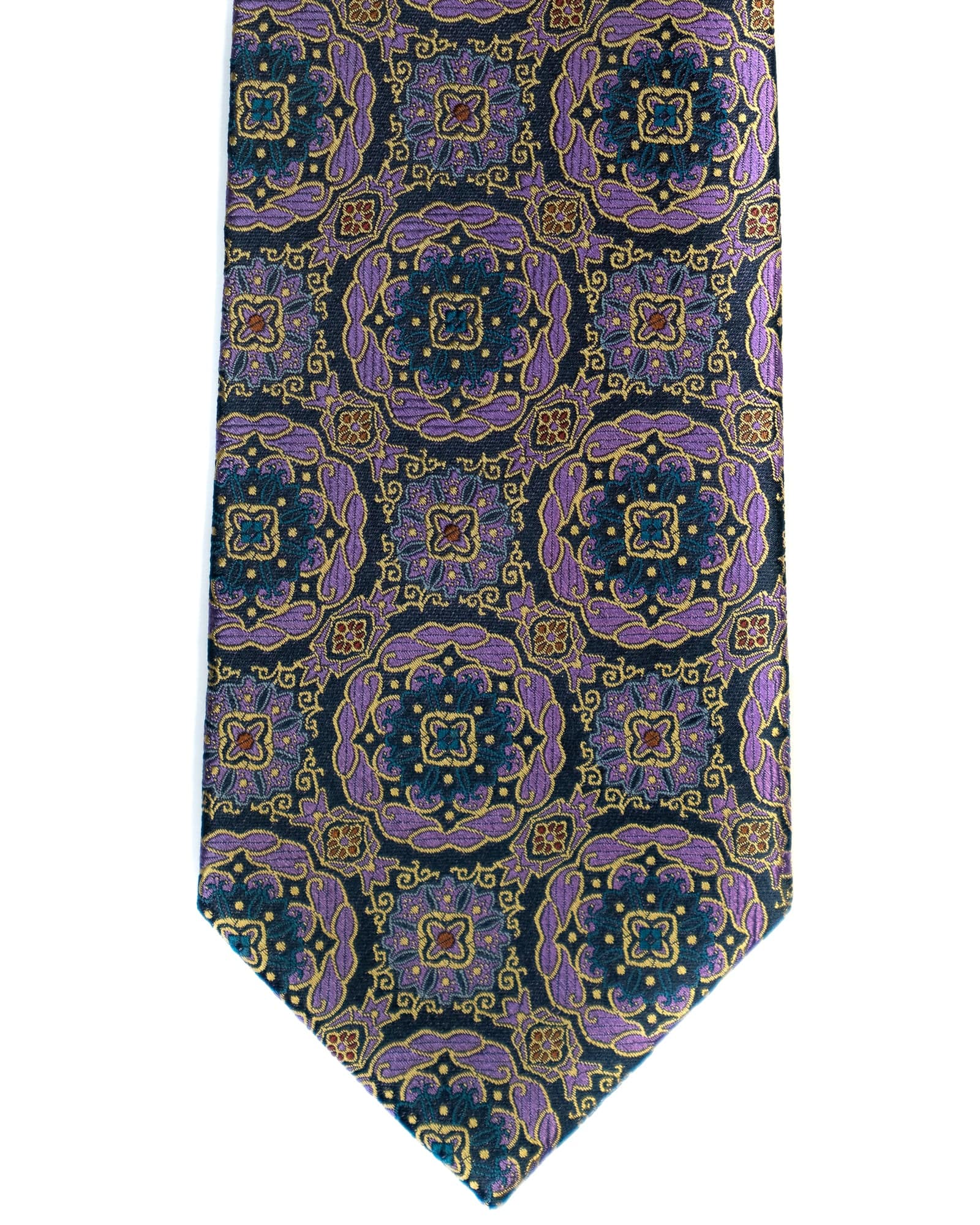 Silk Tie In Navy With Lavender Medallion Foulard Print - Rainwater's Men's Clothing and Tuxedo Rental