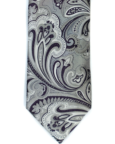 Venturi Uomo Exploded Paisley Tie in Silver with Purple - Rainwater's Men's Clothing and Tuxedo Rental