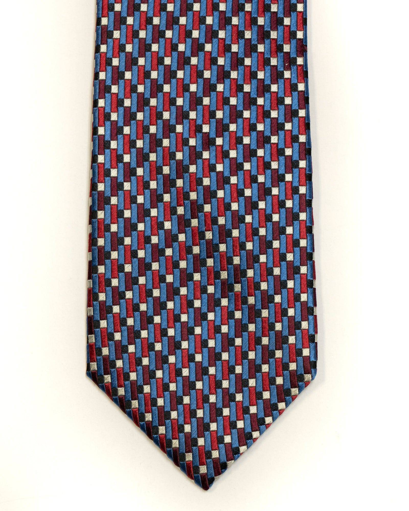 Silk Tie In Blue With Burgundy & Red Geometric Foulard Print - Rainwater's Men's Clothing and Tuxedo Rental