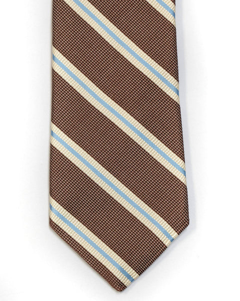 Silk Tie In Brown With Light Blue & Ivory Stripes - Rainwater's Men's Clothing and Tuxedo Rental
