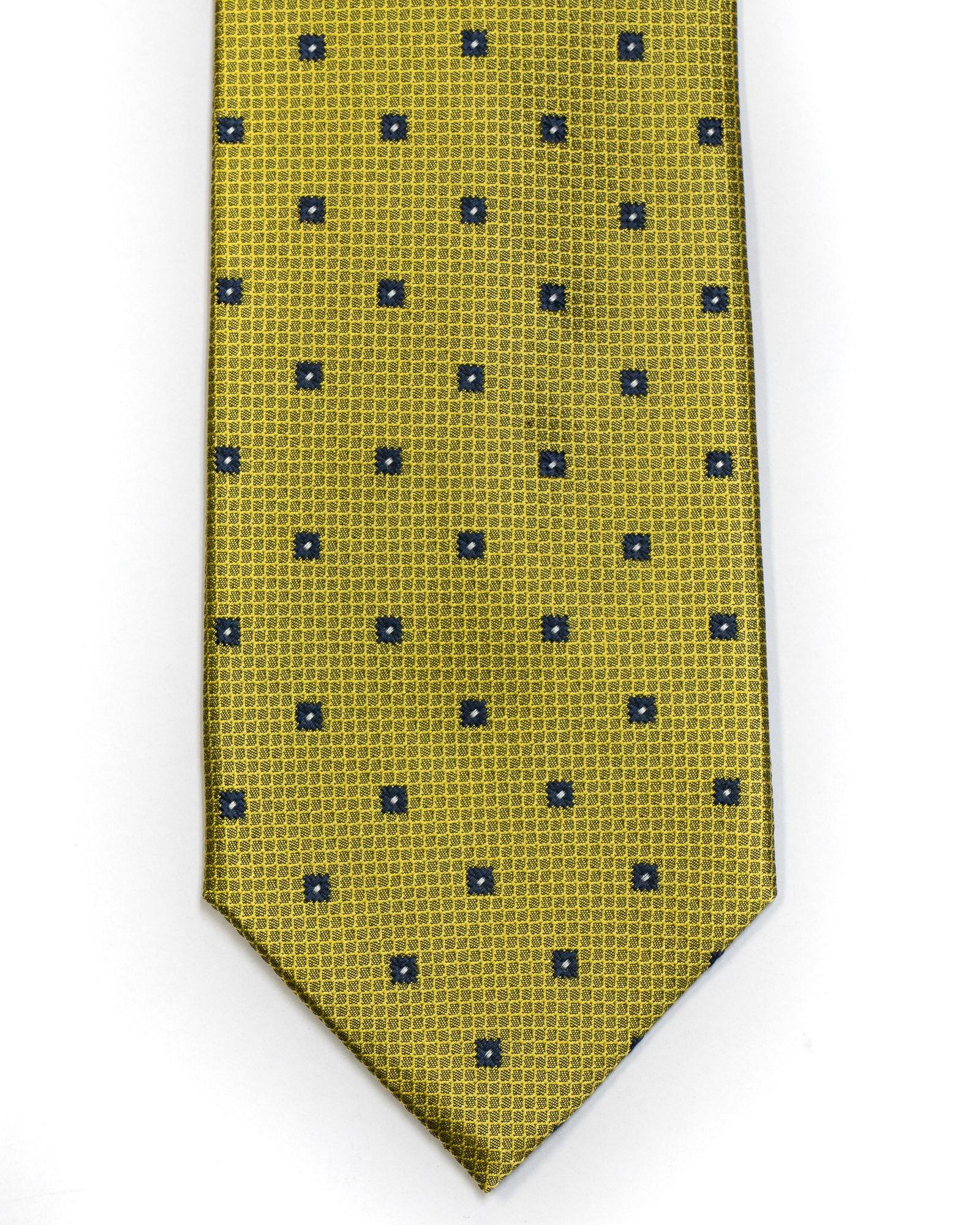 Silk Tie in Yellow And Navy Foulard Print - Rainwater's Men's Clothing and Tuxedo Rental