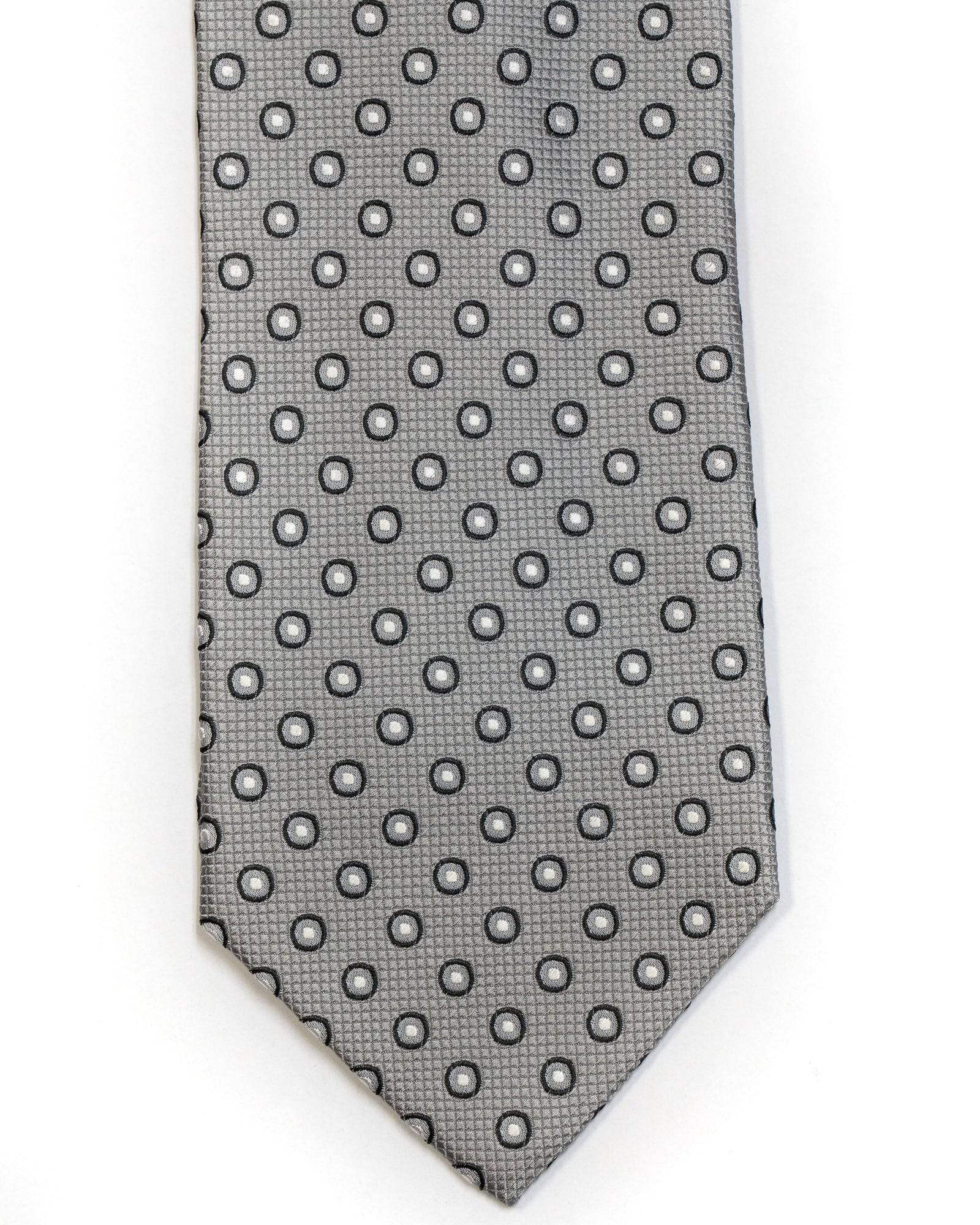 Silk Tie In Silver With Black Circle Foulard Design - Rainwater's Men's Clothing and Tuxedo Rental
