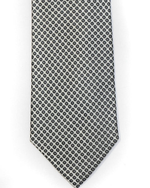 Silk Tie In Silver With Black Small Circle Neat Foulard Design - Rainwater's Men's Clothing and Tuxedo Rental