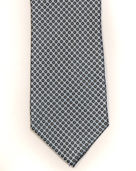 Silk Tie In Grey Silver With Black Small Circle Neat Foulard Design - Rainwater's Men's Clothing and Tuxedo Rental