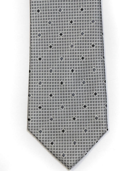 Silk Tie In Silver With Black Grid Foulard Design - Rainwater's Men's Clothing and Tuxedo Rental