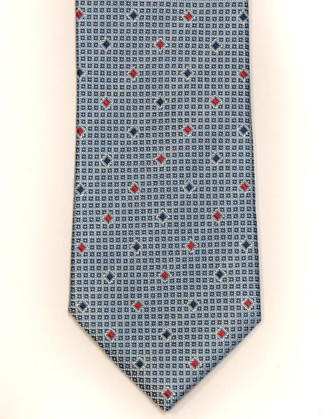 Silk Tie In Blue With Red Grid Foulard Design - Rainwater's Men's Clothing and Tuxedo Rental