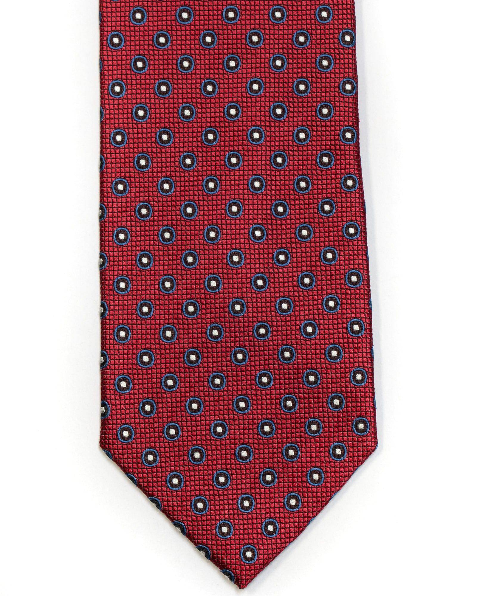 Silk Tie In Deep Red With Blue Circle Foulard Design - Rainwater's Men's Clothing and Tuxedo Rental