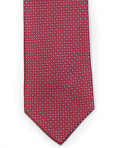 Silk Tie In Red With Blue Small Circle Neat Foulard Design - Rainwater's Men's Clothing and Tuxedo Rental
