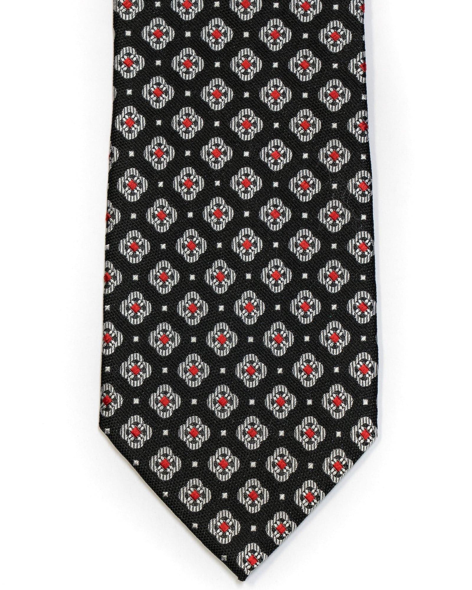 Silk Tie In Black With Grey & Red Foulard Design - Rainwater's Men's Clothing and Tuxedo Rental